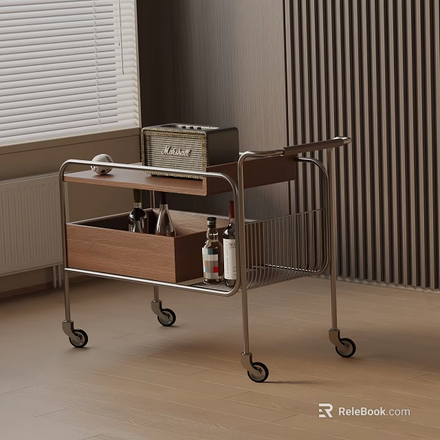 Modern Rolling Side Table with Metal Frame Wooden Drawer and Wicker Basket on Top 3d model 