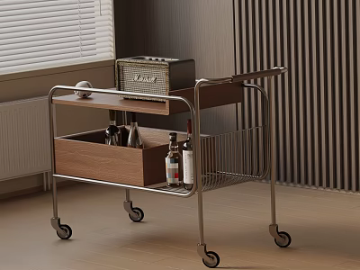 Modern Rolling Side Table with Metal Frame Wooden Drawer and Wicker Basket on Top 3d model