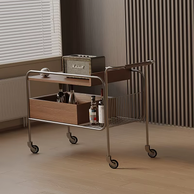 Modern Rolling Side Table with Metal Frame Wooden Drawer and Wicker Basket on Top 3d model