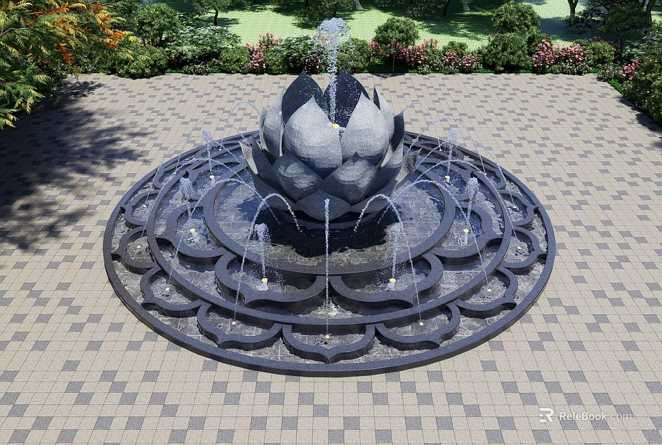 Lotus Shaped Water Fountain on Brick Paved Ground with Greenery and Flowers 3d model 