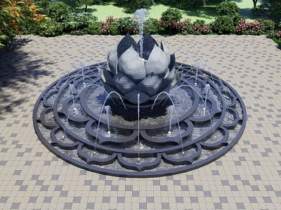 Lotus Shaped Water Fountain on Brick Paved Ground with Greenery and Flowers 3d model