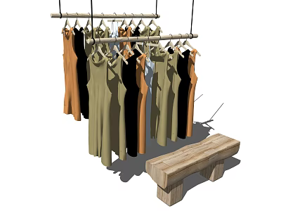 Indoor Wooden Clothes Rack Hanging Multiple Colorful Clothes and Wooden Bench 3d model