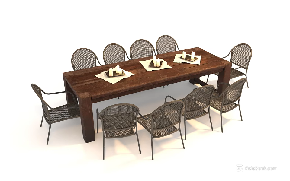 Rustic Wooden Dining Table With Woven Chairs For Home Dining Area 3d model 