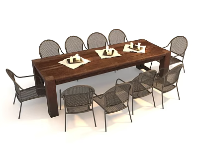 Rustic Wooden Dining Table With Woven Chairs For Home Dining Area 3d model
