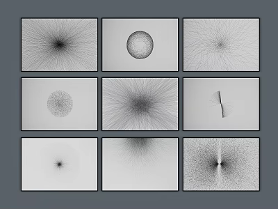 Abstract Black And White Patterns In Nine Grid Layout With Radial Lines Dots And Cross 3d model