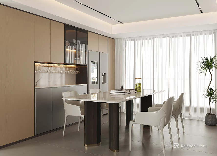 Modern Open Restaurant Interior Design With Dining Table White Chairs And Cabinets 3d model