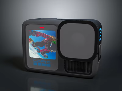 Black Action Camera With Display Screen Showing Skiing Video And Protective Case 3d model