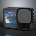Black Action Camera With Display Screen Showing Skiing Video And Protective Case