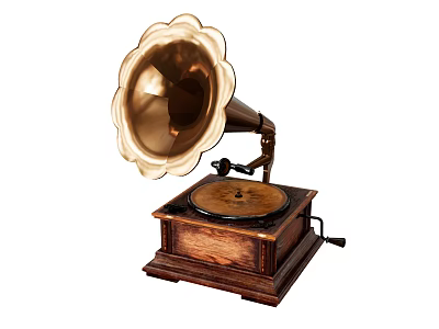 Vintage Gramophone With Brass Horn Wooden Base And Classic Turntable Design 3d model