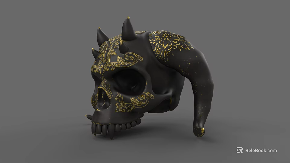Black Skull Sculpture Carving With Golden Patterns Horns And Spikes 3d model 