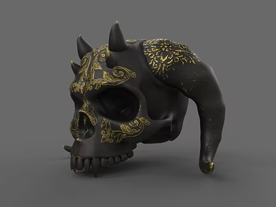 Black Skull Sculpture Carving With Golden Patterns Horns And Spikes 3d model