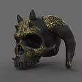Black Skull Sculpture Carving With Golden Patterns Horns And Spikes