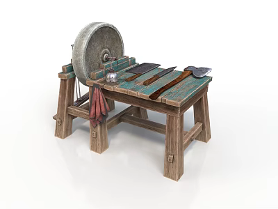 Traditional Wooden Workbench With Green Tabletop Stone Grinding Wheel And Tools 3d model