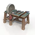 Traditional Wooden Workbench With Green Tabletop Stone Grinding Wheel And Tools