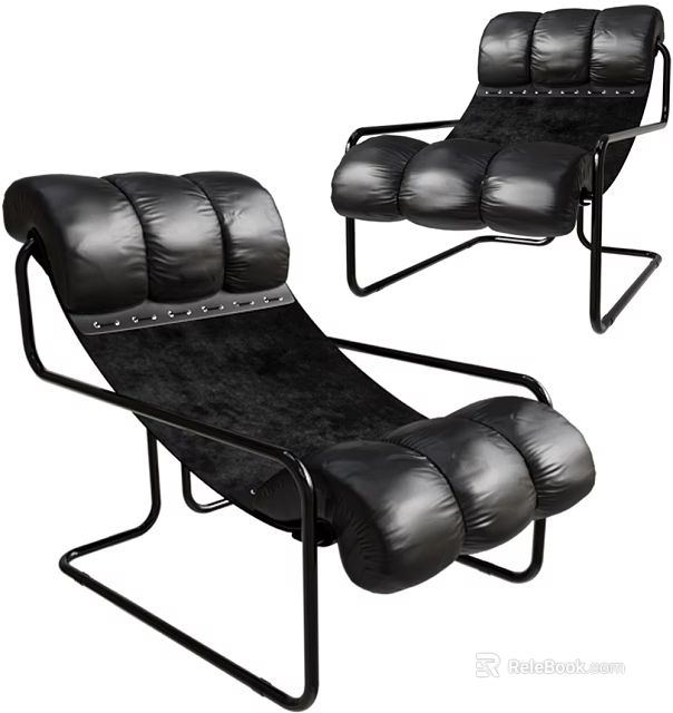 Modern Black Leather Lazy Sofa With Metal Frame And Padded Design 3d model 