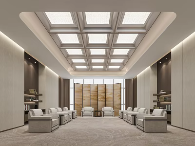 Modern Elegant Hotel Public Lounge Interior With Comfortable Sofas Bookshelves And Soft Lighting 3d model
