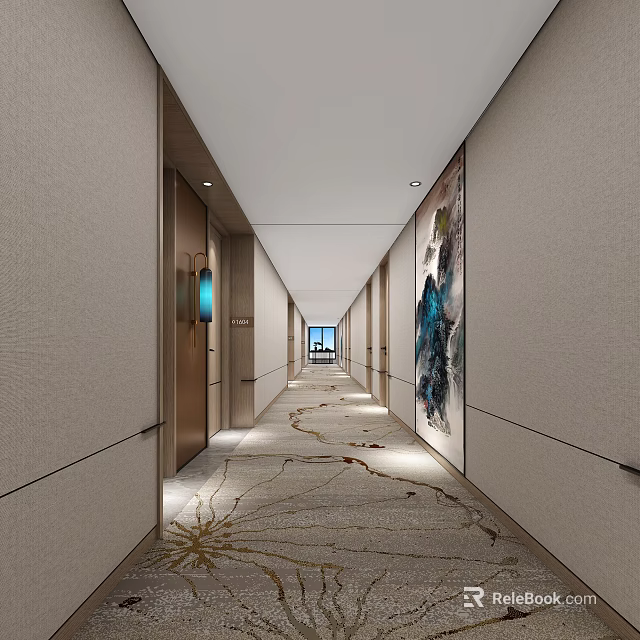 Elegant Hotel Corridor With Wall Art Soft Lighting And Patterned Carpet Design 3d model 