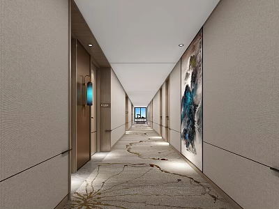 Elegant Hotel Corridor With Wall Art Soft Lighting And Patterned Carpet Design 3d model