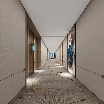 Elegant Hotel Corridor With Wall Art Soft Lighting And Patterned Carpet Design 3d model