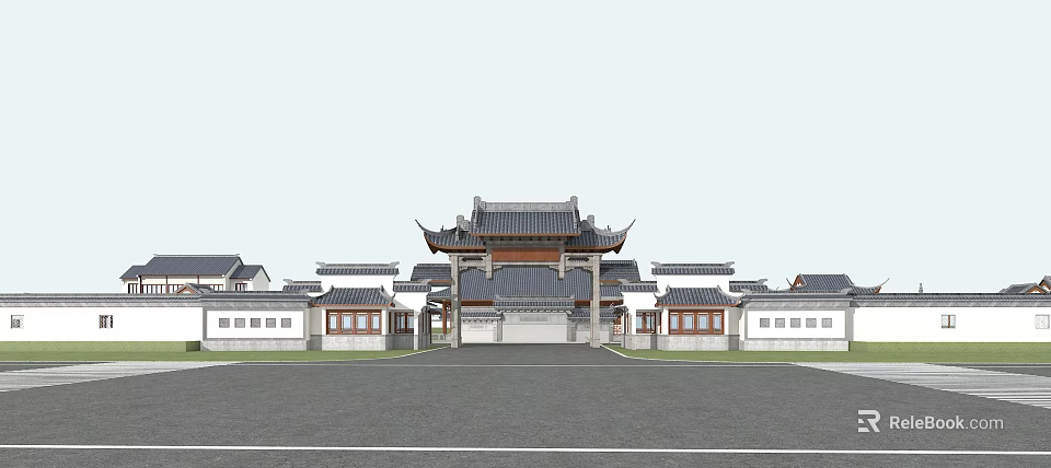Traditional Chinese Entrance Gate With Classic Eaves Tile Roof And Courtyard Buildings 3d model 
