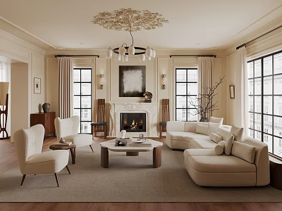 Elegant Living Room Interior With Beige Sofa Armchairs Fireplace Chandelier And Large Windows 3d model