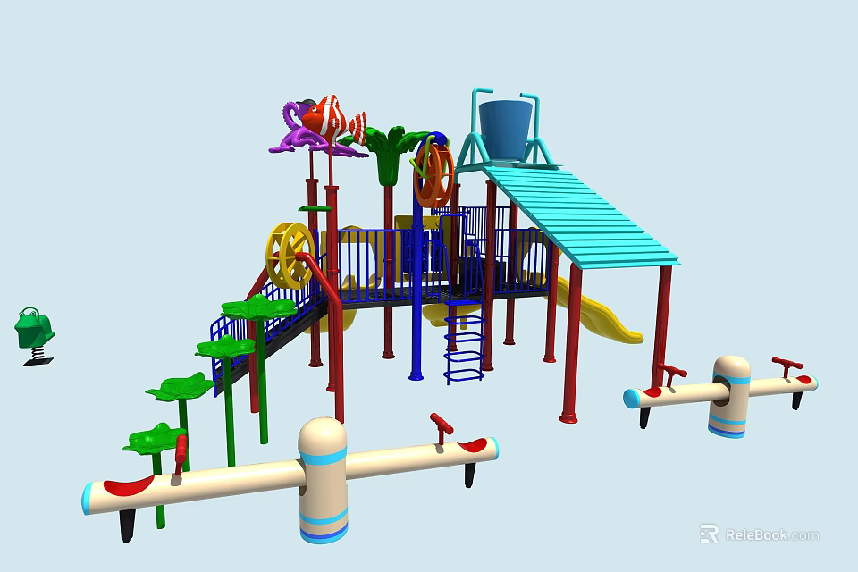Colorful Outdoor Playground Equipment with Slides Climbing Structures Rotating Wheels and Green Plant Decorations 3d model 