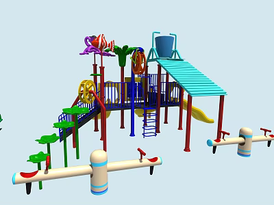 Colorful Outdoor Playground Equipment with Slides Climbing Structures Rotating Wheels and Green Plant Decorations 3d model