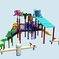 Colorful Outdoor Playground Equipment with Slides Climbing Structures Rotating Wheels and Green Plant Decorations