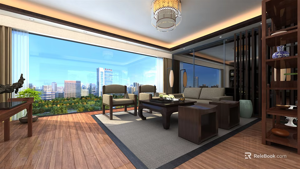 Modern Office Interior With Sofa Coffee Table Chandelier And Floor to Ceiling Windows 3d model 