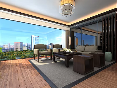 Modern Office Interior With Sofa Coffee Table Chandelier And Floor to Ceiling Windows 3d model