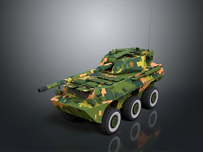 Military Camouflage Wheeled Armored Tank With Gun Turret And Antenna 3d model
