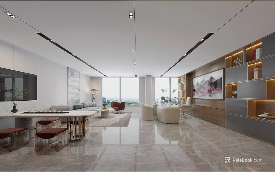 Modern Office Interior Design With Open Layout Sofa And Floor to ceiling Windows 3d model