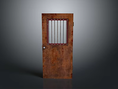 Rusty Brown Wooden Door With Vertical Metal Bars And Old Rustic Appearance 3d model
