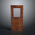 Rusty Brown Wooden Door With Vertical Metal Bars And Old Rustic Appearance
