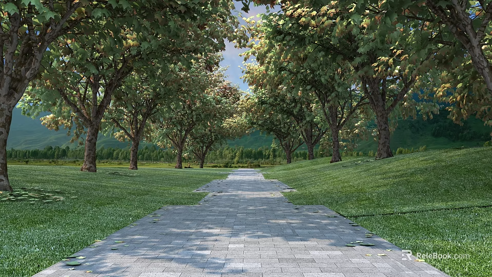 Tall Trees Lined Along Stone Path With Green Grass And Scenic Hills 3d model 