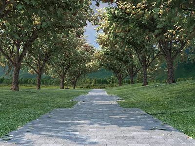 Tall Trees Lined Along Stone Path With Green Grass And Scenic Hills 3d model