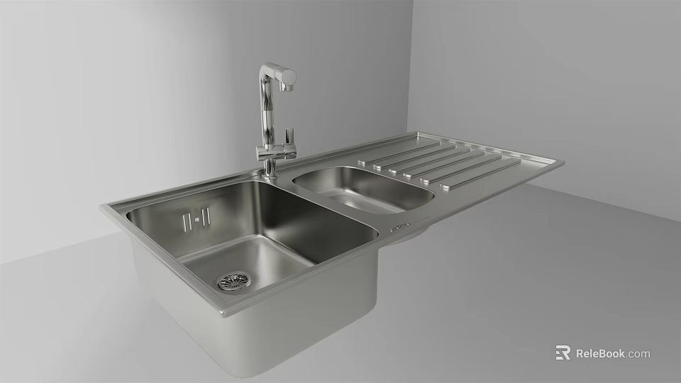 Modern Stainless Steel Double Basin Kitchen Sink With Faucet And Drainer 3d model 