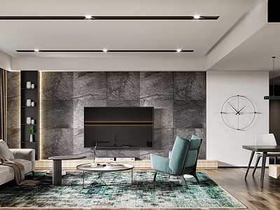 Modern Living Dining Area with Marble Wall TV Sofa Coffee Table Rug and Lighting 3d model