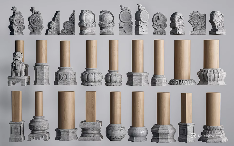 Various Decorative Pillar Designs With Ornate Bases And Architectural Elements 3d model 