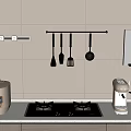 White Tiled Kitchen Countertop With Hanging Cooking Utensils Gas Stove Rice Cooker And Coffee Maker
