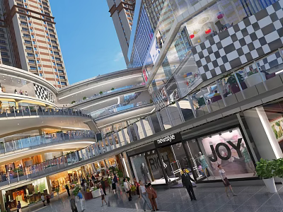 Modern Commercial Street with Tall Buildings Multi Level Shopping Mall Pedestrians and Stores 3d model