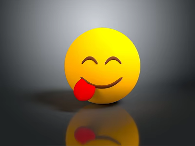 Yellow Smiley Face Decorative Ornament Sticking Out Red Tongue With Reflection On Gray Background 3d model