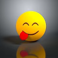 Yellow Smiley Face Decorative Ornament Sticking Out Red Tongue With Reflection On Gray Background