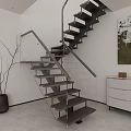 Modern Interior Staircase With Glass Metal Rail Dark Steps And Abstract Painting