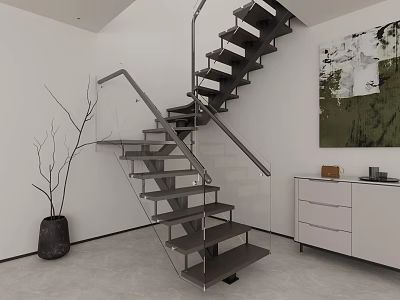 Modern Interior Staircase With Glass Metal Rail Dark Steps And Abstract Painting 3d model