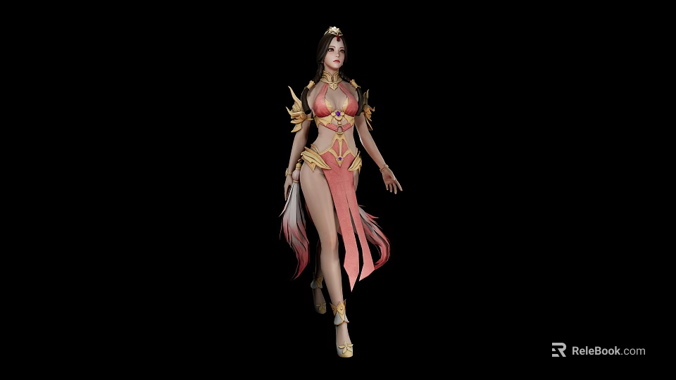 Game Movie Character In Gorgeous Pink Red Outfit With Golden Ornaments And Long Hair 3d model 
