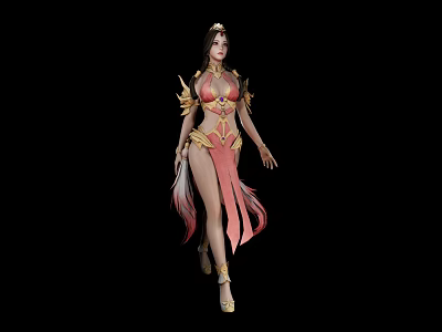 Game Movie Character In Gorgeous Pink Red Outfit With Golden Ornaments And Long Hair 3d model