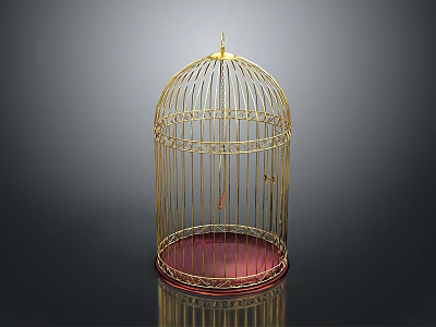 Golden Birdcage Decorative Ornament Set With Red Base And Metal Frame 3d model