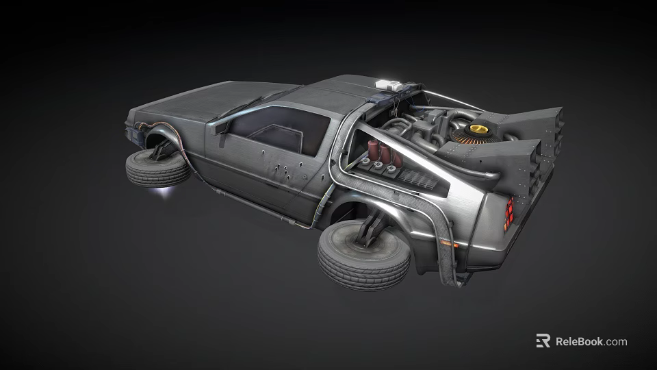 Silver Retro Futuristic Sports Car With Gullwing Doors And Rear Mechanical Features 3d model 