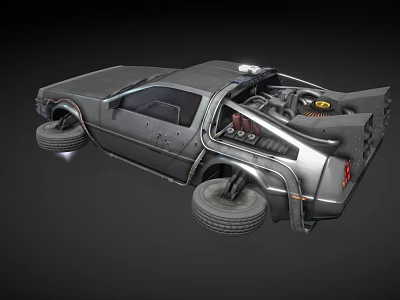 Silver Retro Futuristic Sports Car With Gullwing Doors And Rear Mechanical Features 3d model